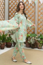 Aqua Floral: Embroidered SWISS  Lawn With Zari Organza Dupatta - Image 4