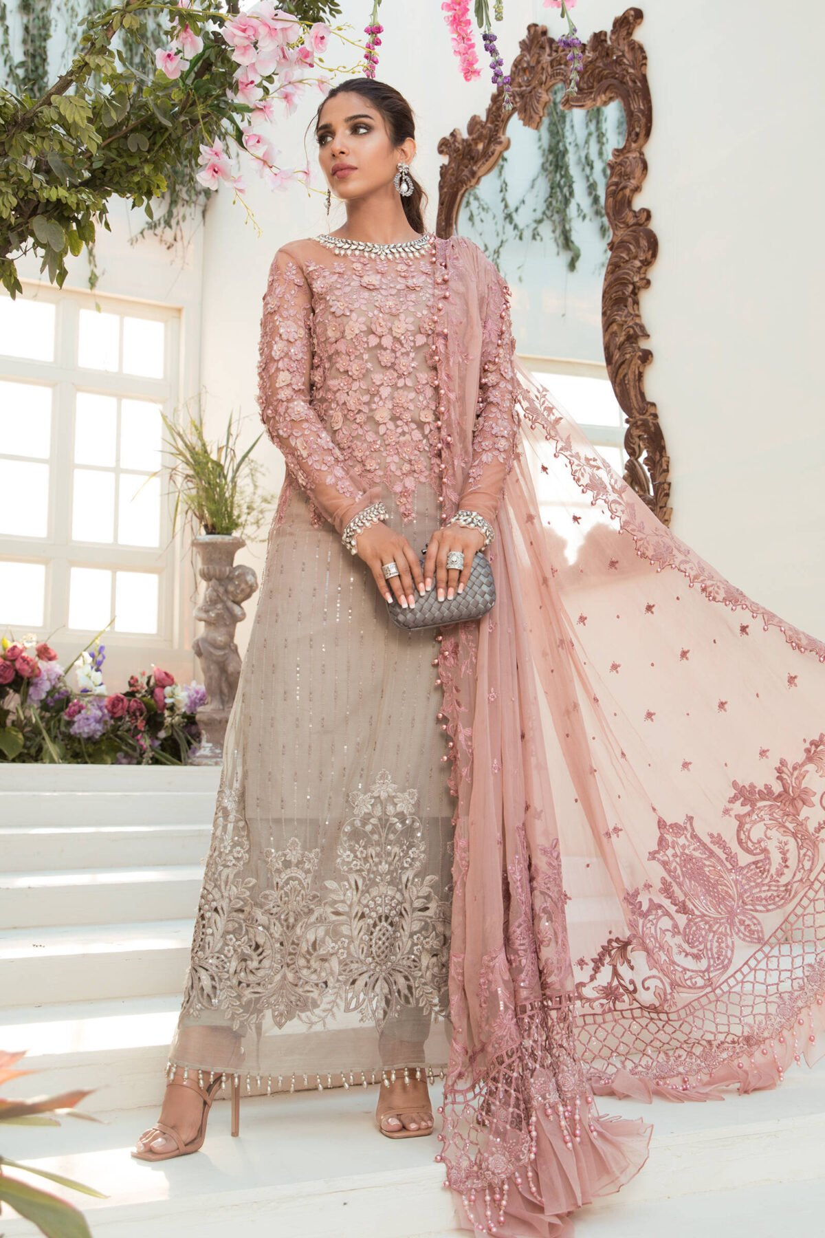 Maria B Wedding & Eid: Chiffon, Handwork, 3D Blooms - Image 1