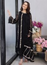 Azure Moon Spark: Embroidered Chiffon & Malai Ensemble