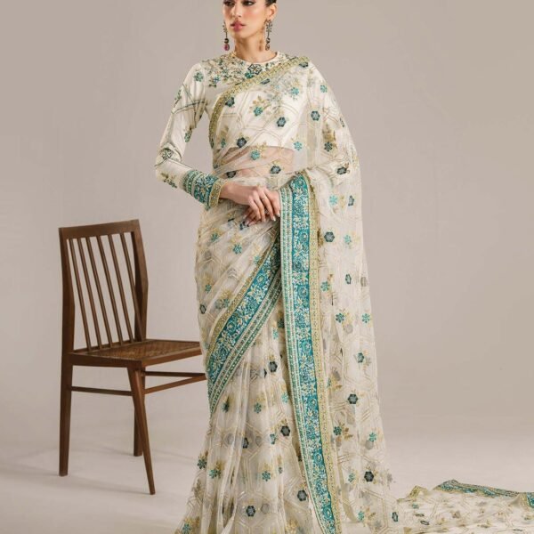 Unstitched Akbar Aslam Net Saree with Raw Silk Blouse