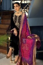 Unstitched Khuda Baksh Black Velvet Wedding Embroidered Suit - Image 3