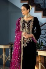 Unstitched Khuda Baksh Black Velvet Wedding Embroidered Suit - Image 2