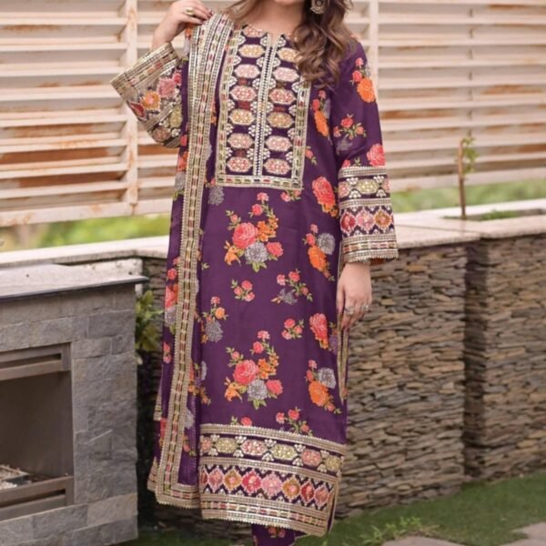 Unstitched Aneela?s Shamoz Silk 3PC Embroidered Suit